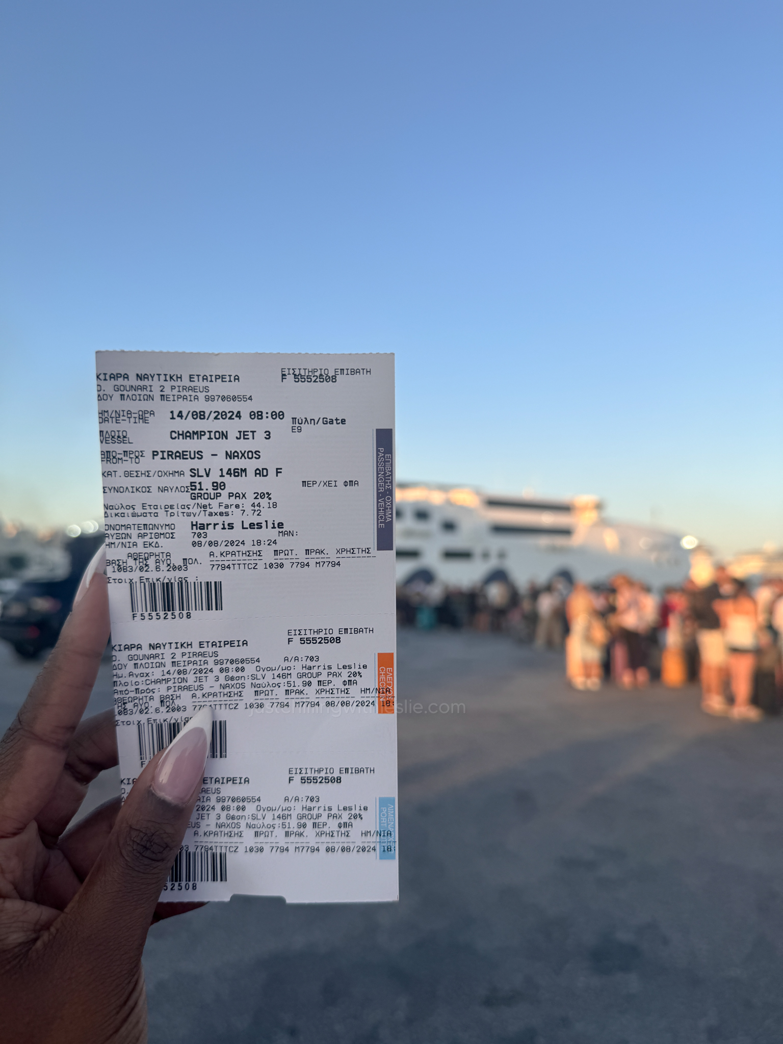 Picture of Leslie Harris's ferry ride ticket from Greece